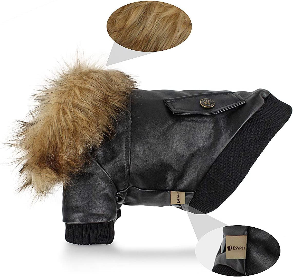 Warm Dog Jacket Winter Dog Coats Windproof Waterproof Fleece Lined Dog Leather Jackets for Small Dogs Puppy, Black Small